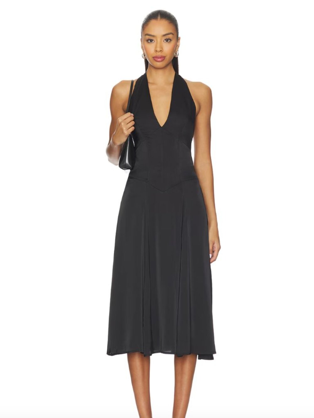 NEW SNDYS Evelyn Midi Dress in Black Satin Halter Sundress Sun Dress XS
